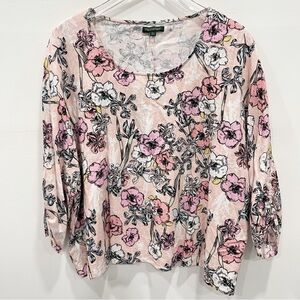 For Cynthia Linen Blend Floral Blouse Top Large